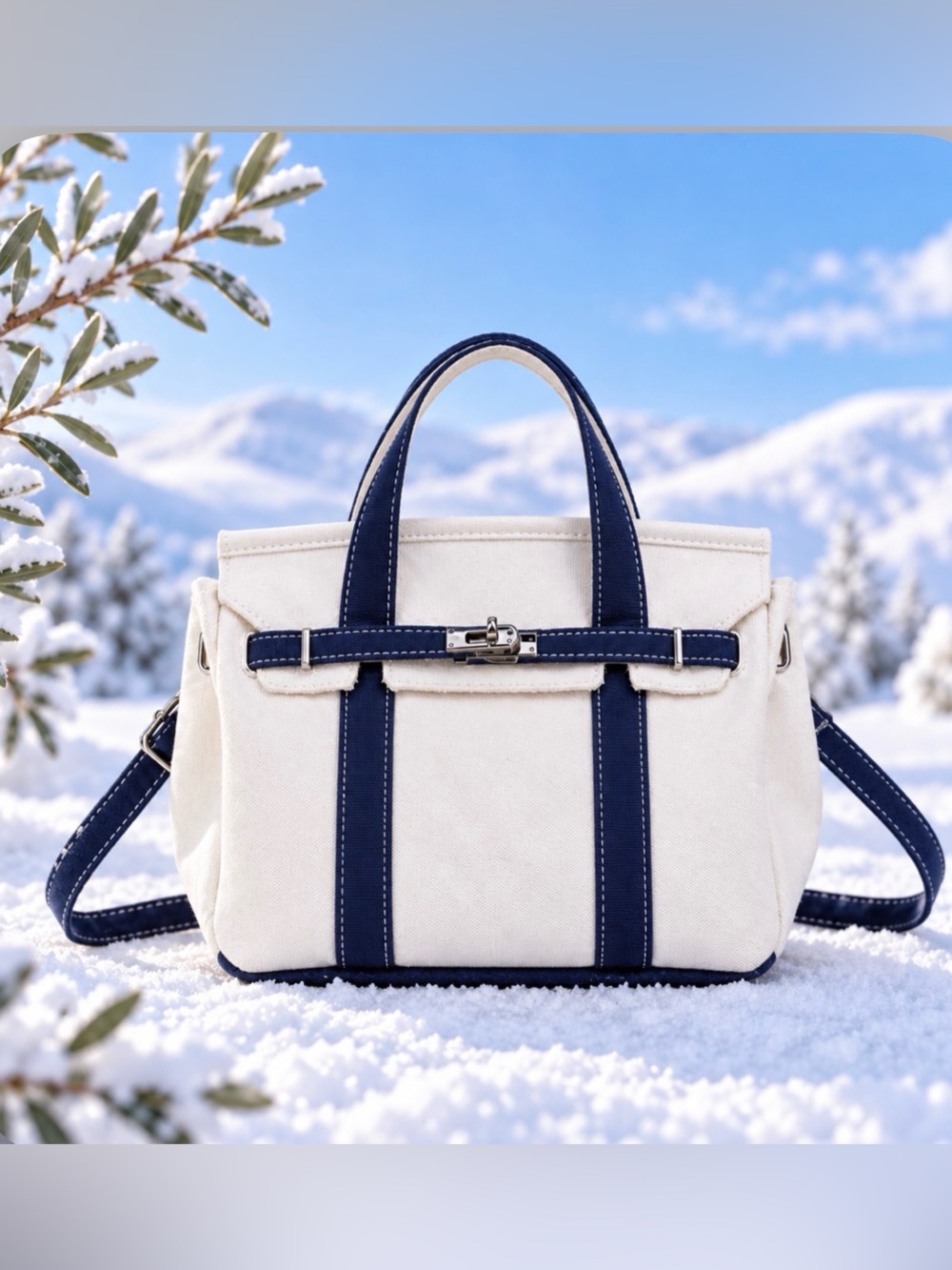 Small White & Navy Blue Canvas Tote Bag with Adjustable Strap